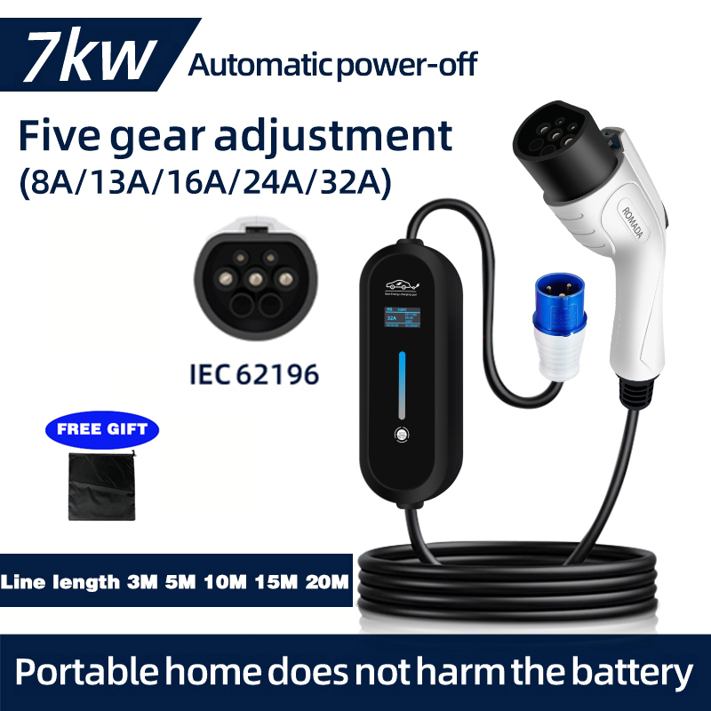 Portable Ev Charger 32A Type 2 Cee Plug - ROMADA pengisi daya portabel 7KW 32A