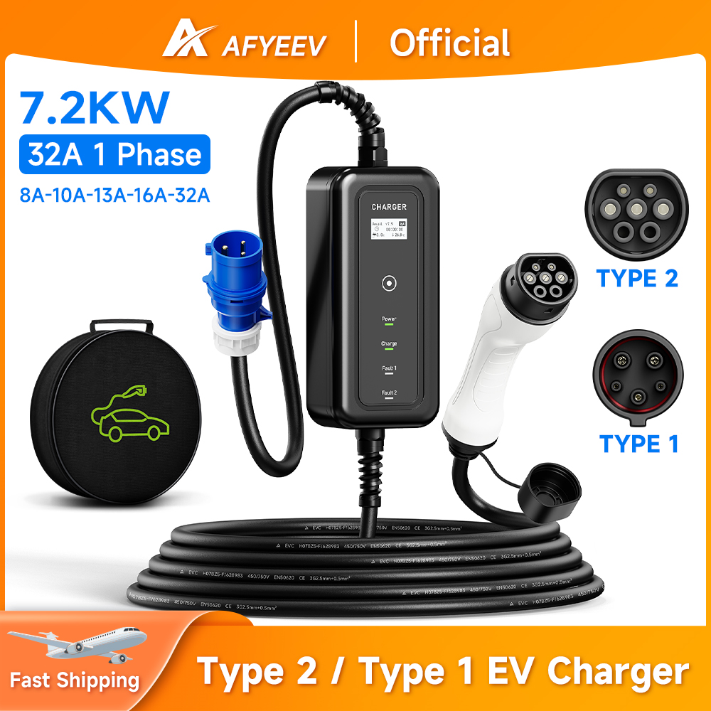 Portable Ev Charger 32A Type 2 Cee Plug - AFYEEV pengisi daya portabel, kotak dinding